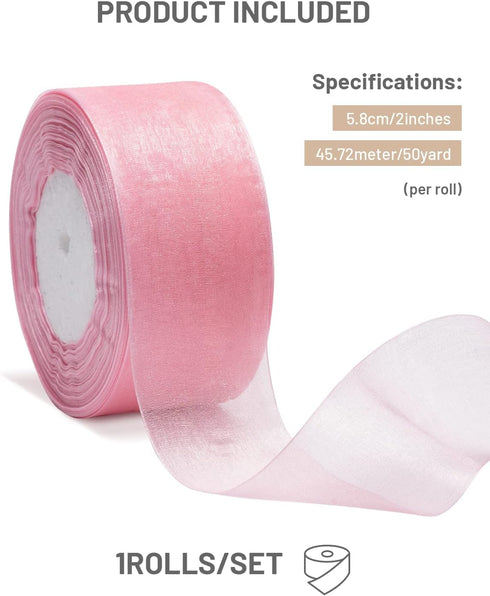 Pink Organza Ribbon for Gift Wrapping, FAKILO 2 Inch Shimmer Sheer Wrapping Ribbon for Bouquet, Wedding, Christmas Gift - 50 Yards Each Roll by FAKILO