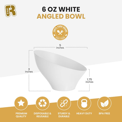R-kay 6 Pack Angled White Plastic Serving Bowls, 6 Oz, Heavy Duty Disposable Bowls for Events
