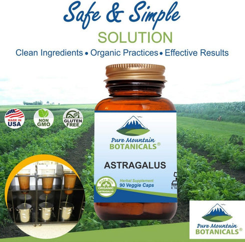 Pure Mountain Botanicals Astragalus Root Capsules, 90 Kosher Vegan Caps, 470mg Organic