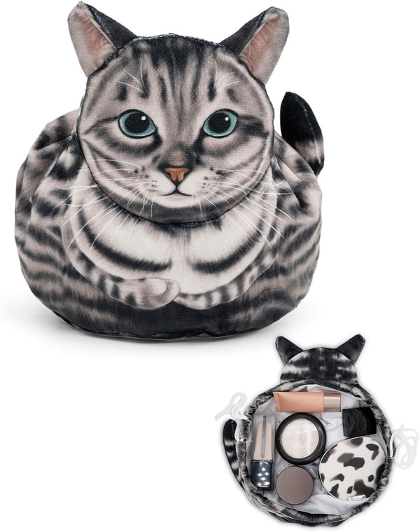 Drawstring Makeup Bag - Cute Cat Travel Organizer for Women, Large Cosmetic Pouch for Toiletries (Gray Cat)