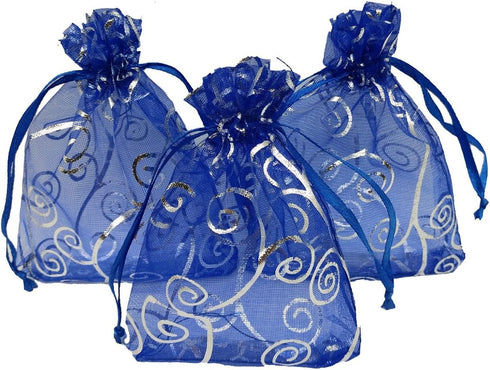 100pcs Sheer Organza Favor Bags for Wedding Baby Shower - Rattan Print Gift Bags, Drawstring Pouches (4x6 inch, blue)