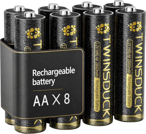 TWINSDUCK AA Rechargeable Batteries 8 Pack, 2800mAh Pre-Charged NiMH Batteries for Remotes, Clocks,