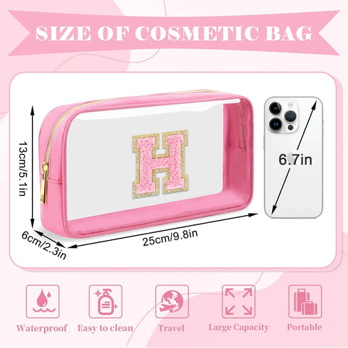 Personalized Initial Letter Clear Makeup Bag,Preppy Small Nylon&PVC Cosmetic Zipper Bag with Chenille Letter,Portable Beach Travel Skincare Toiletry Bag,Trendy Monogram Gift for Teen Girls Women,H