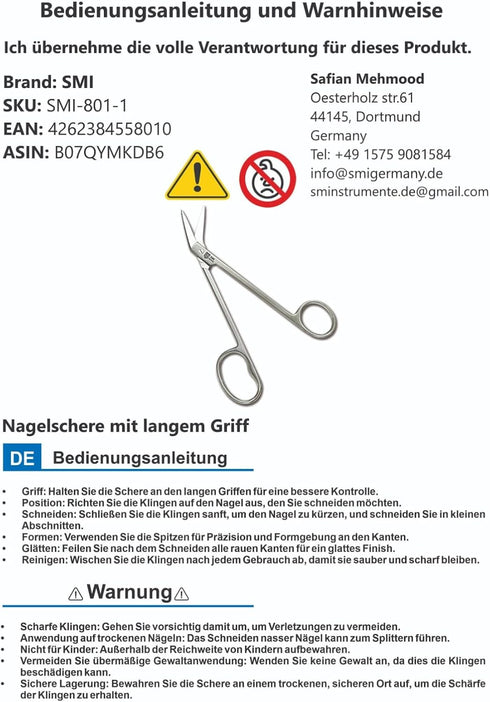 SMI 16 cm Long Handle Toenail Scissors for Seniors, Podiatrist Nail Clippers for Thick & Ingrown Nails