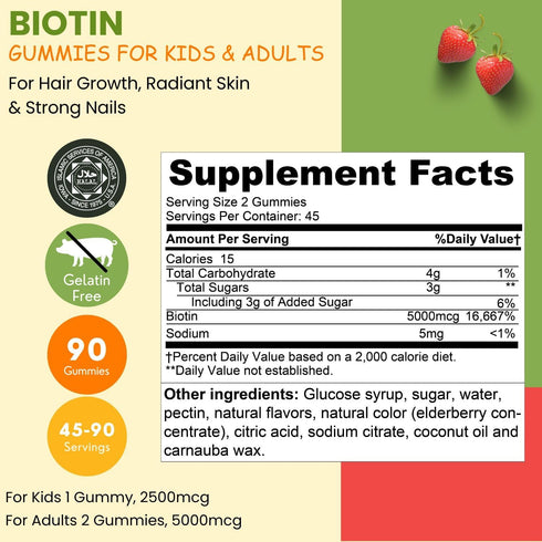 Vegan Biotin Gummies for Adult & Kids | 90 Gummies | 5000 mcg 45 Servings | NON-GMO | Gluten, Gelatin, Peanuts, Egg & Dairy Free | Biotin Gummy Vitamins for Hair, Skin & Nails Halal