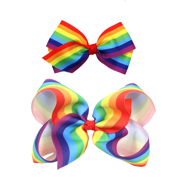 Rainbow Hair Bow with Clip, Grosgrain Ribbons Hair Clips for Girls, JB35 (2 Pcs-Set B)