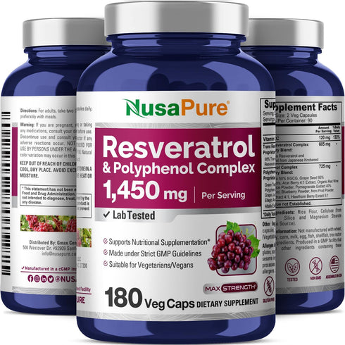 NusaPure Resveratrol & Polyphenol Complex, 1450mg - 180 Vegetarian Caps (Non-GMO, Vegan)