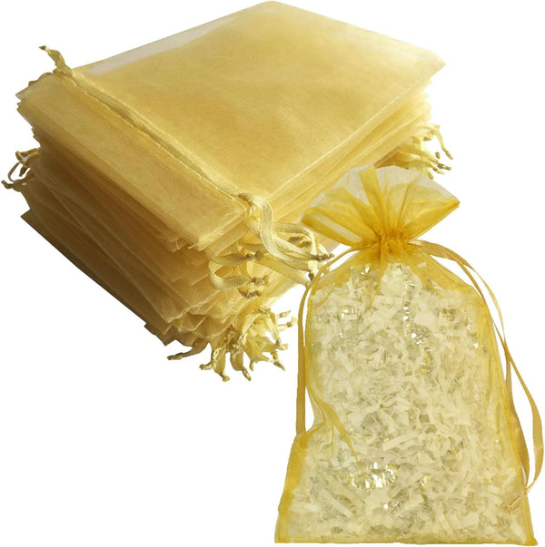 100 Count Gift Organza Bags Gold Drawstring 5x7 Inch for Baby Shower, Christmas, Birthday Party Favors