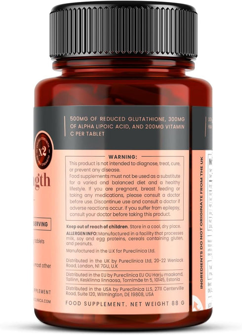 pureclinica Glutathione 1000mg x 60 Tablets - 500mg Glutathione, 300mg ALA, 200mg Vitamin C