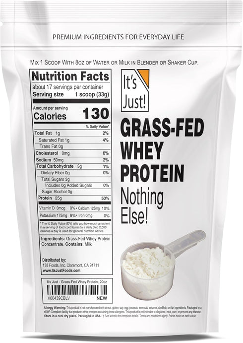It's Just! Whey Protein Concentrate, Ultra Premium Grass-Fed, Unflavored (1.25 Pound)