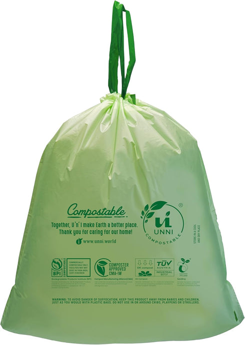 UNNI Compostable 13 Gallon Tall Kitchen Drawstring Trash Bags, 30 Count, Heavy Duty, Food Waste Bags, Certified