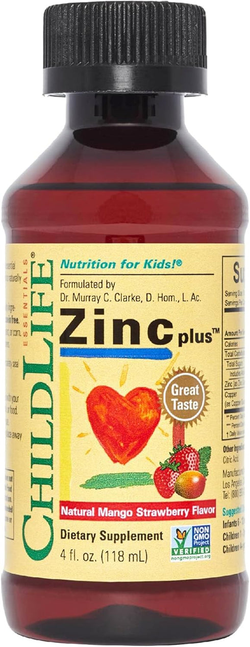 CHILDLIFE ESSENTIALS Liquid Zinc Plus for Kids - Immune Support Supplement Drops, Mango Strawberry, 4 Fl Oz