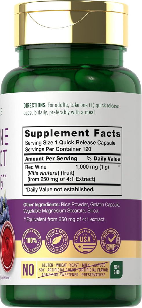 Carlyle Red Wine Extract Capsules | 1000mg | 120 Count | Non-GMO and Gluten Free Supplement