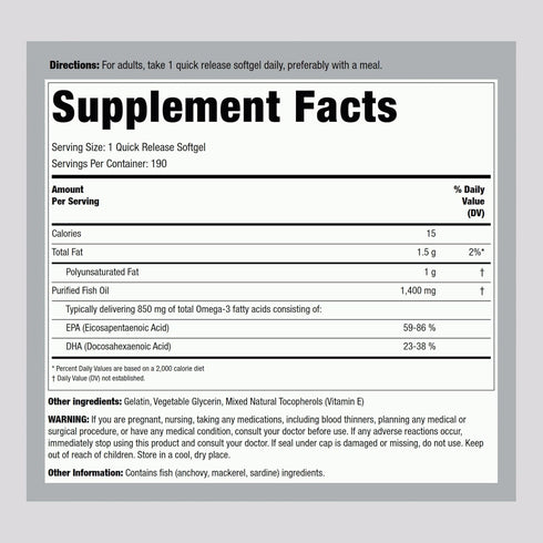 Piping Rock Triple Strength Omega 3 Fish Oil | 1400 mg | 190 Softgels | with EPA & DHA | Non-GMO & Gluten Free Supplement