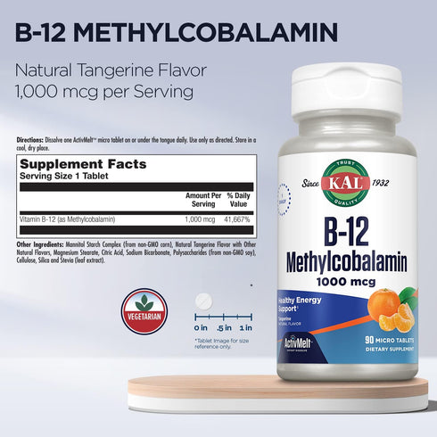 KAL Vitamin B12 Methylcobalamin 1000mcg, Healthy Energy, Metabolism, Nerve & Red Blood Cell Support, 90 Servings