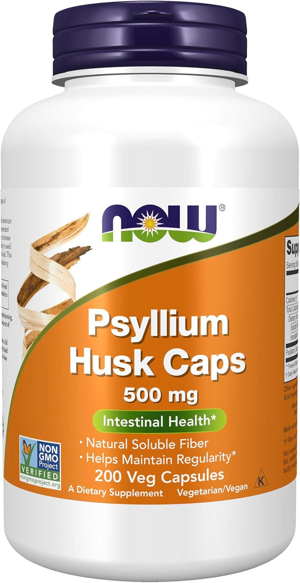 NOW Foods Psyllium Husk Caps, 500 mg, Non-GMO, Natural Soluble Fiber, 200 Veg Capsules