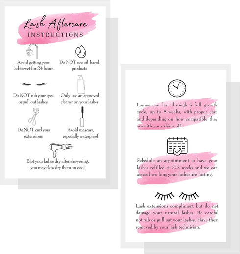 Lash Extension Aftercare Instructions Cards, 50 Pack Double Sided 3.5 x 2" After Care for 2-3 Week Fillers