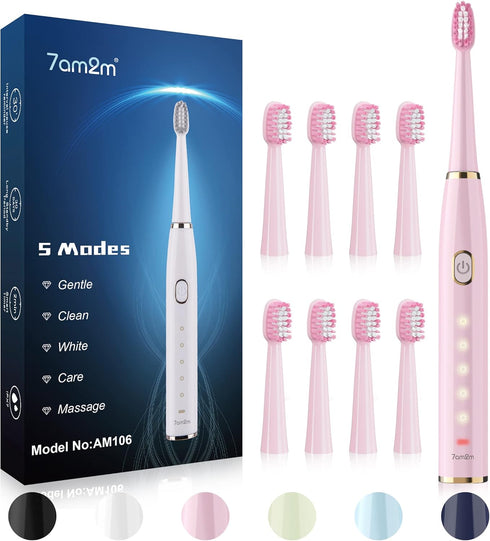 7AM2M Sonic Electric Toothbrush for Adults and Kids, High Power Rechargeable with 8 Brush Heads, 5 Modes, Pink