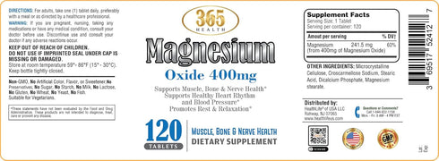 Magnesium 400mg High Potency Supplement, Immune Support, Muscle Recovery, 120 Tablets, USA MADE