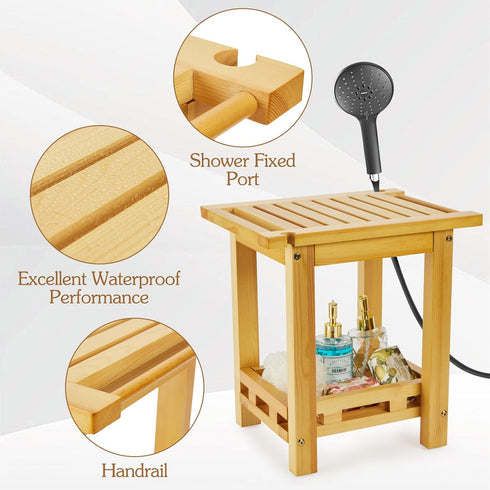 DNANAOL 450 lbs Shower Bench - Natural Wood Shower Stool with Storage Shelf, Waterproof Shower Chair with Handles