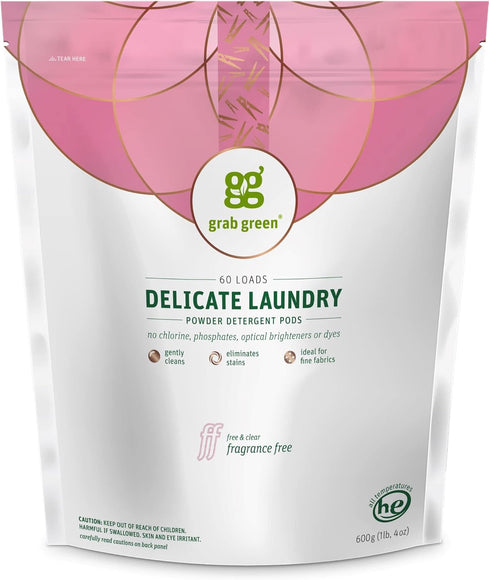 Grab Green Delicate Laundry Detergent Pods, 60 Count | Fragrance Free, Plant and Mineral Based, Ideal for Fine Fabrics