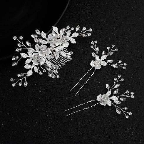 Sliver Flower Hair Comb with 2 Clear Crystal Hair Pins and Sticks, Wedding & Bridal Hair Accessories for Bridesmaids.