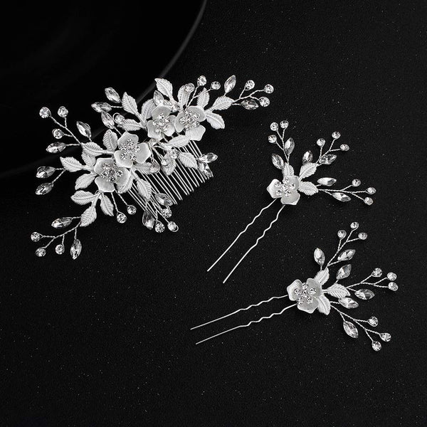 Sliver Flower Hair Comb with 2 Clear Crystal Hair Pins and Sticks, Wedding & Bridal Hair Accessories for Bridesmaids.