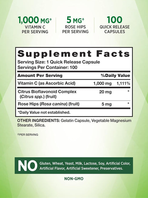 Vitamin C 1000mg | 100 Capsules | with Wild Rose HIPS & Bioflavonoids | Non-GMO & Gluten Free Supplement | by Nature's Truth