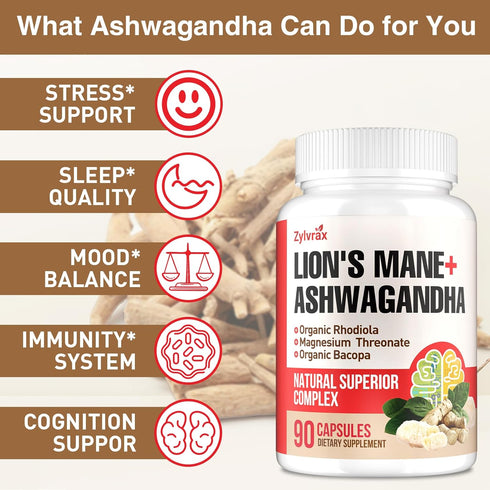 Zylvrax Immune 90 Ashwagandha & Lions Mane Supplements Capsules, Brain Supplements for Memory and Focus, Ashwagandha