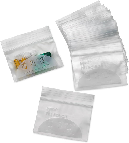 Pill Pouch Bags, Pack of 100, 3" x 2.75" Disposable Plastic Travel Pill Bags with Write-on Labels