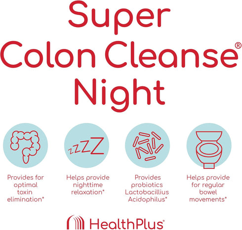Health Plus Super Colon Cleanse Night Formula - Digestive Support with Probiotics and Valerian Root for Sleep (60