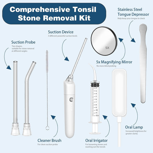 Electronic Tonsil Stone Remover - 9PCS Tonsil Stone Removal Kit with Oral Lamp, 3 Suction Modes, 5X Magnifying Mirror