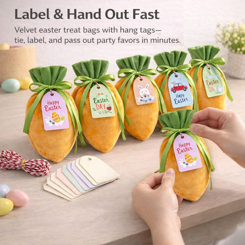 MiYarBoO 8.3 5.1 12 Pack) Easter Treat Bags, Velvet Carrot Drawstring Candy Pouches with Hang Tags & Cotton Strings