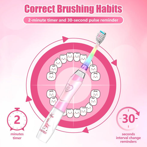 Kids Electric Toothbrush for Ages 2-12 - Pink Giraffe - with Timer and Rainbow LED Light Up