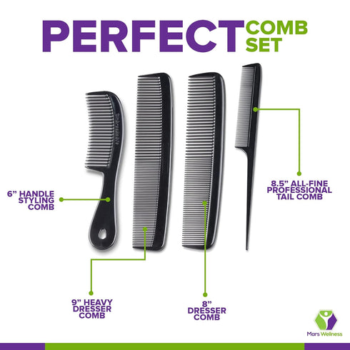 Mars Wellness 4 Piece Professional Comb Set - Black USA MADE Fine Pro Tail Combs for Men and Women