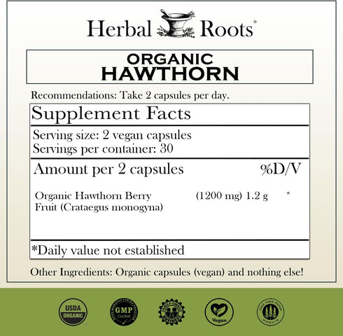 Herbal Roots Organic Hawthorn Berry Capsules - Extra Strength 1,200mg per Serving, 60 Vegan Capsules