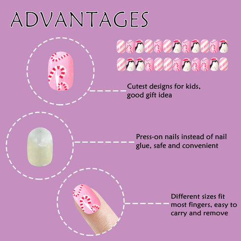 Laza 120pcs Children Nails Girls Press On Artificial Nail Tips, Pre-glue Full Cover Short Cute False Nail Kits