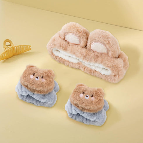 WHAVEL Hairband 3Pcs, Spa Headband and Wristband Set with Cute Bear Ears for Women and Girls (Coffee 01)