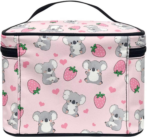 Strawberry Koala Makeup Bag, Toiletry Pouch, Desk Cosmetics Storage with Strap