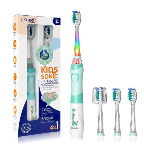 SEAGO Kids Electric Toothbrush with 2 Mins Timer and 4 Replacement Brush Heads, Green Color for Boys, Battery Powered