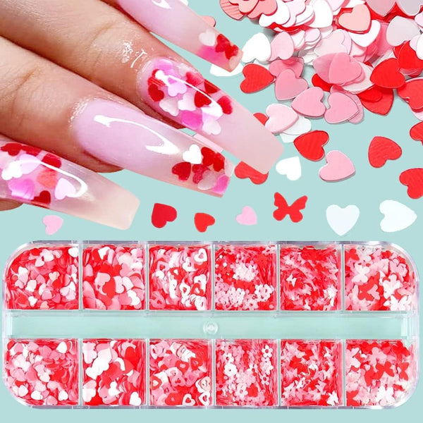 Valentines Nail Glitters Holographic Heart Sequins Mixed Design Nail Art Stickers Decals for Manicure (12Girds)