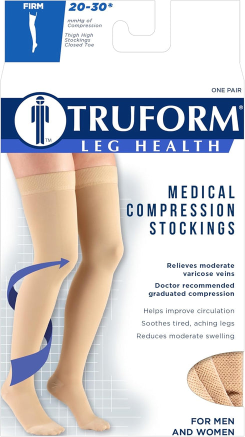 Truform 20-30 mmHg Compression Stockings for Men and Women, Thigh High, Closed Toe, Black, Medium