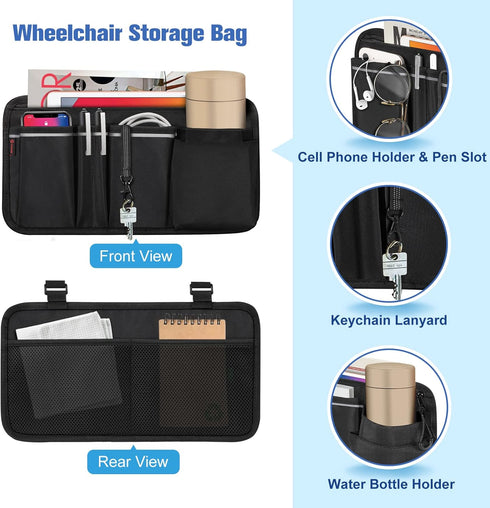 FINPAC Wheelchair Side Organizer Bag with Cup Holder, Wheelchair Armrest Accessories Pouch with Pen Slot and Reflective