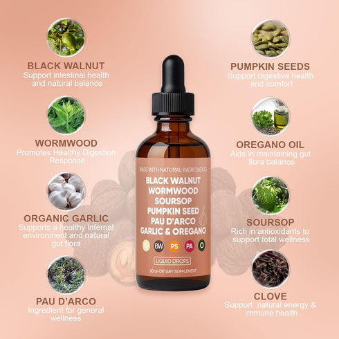 WOVOEO 60ml(1) Black Walnut Wormwood & Clove Drops with Soursop,Garlic,Pumpkin Seed,PAU D'Arco,Oil of Oregano