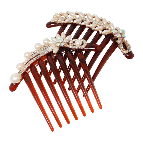 Honbay 2PCS 7 Teeth Hair Side Combs - Pearl Crystal Rhinestone Floral Twist Combs, Decorative Hair Accessories for Women