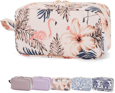 Narwey Small Makeup Bag for Women, Mini Zipper Pouch Travel Cosmetic Bag (Beige Flamingo, Small)