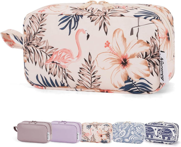 Narwey Small Makeup Bag for Women, Mini Zipper Pouch Travel Cosmetic Bag (Beige Flamingo, Small)