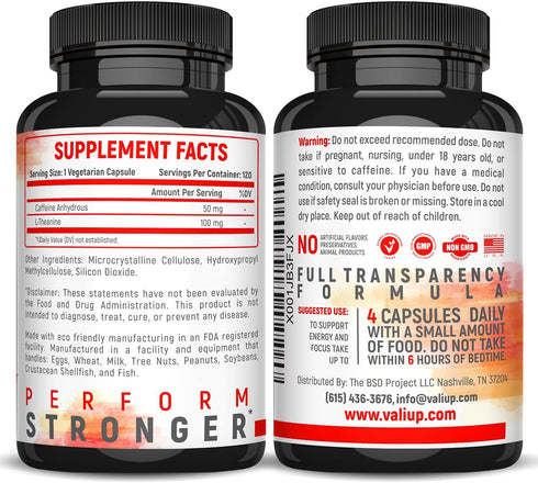 VALI Caffeine 50mg & L Theanine 100mg - Caffeine Pills & L-Theanine for Energy & Focus Supplement