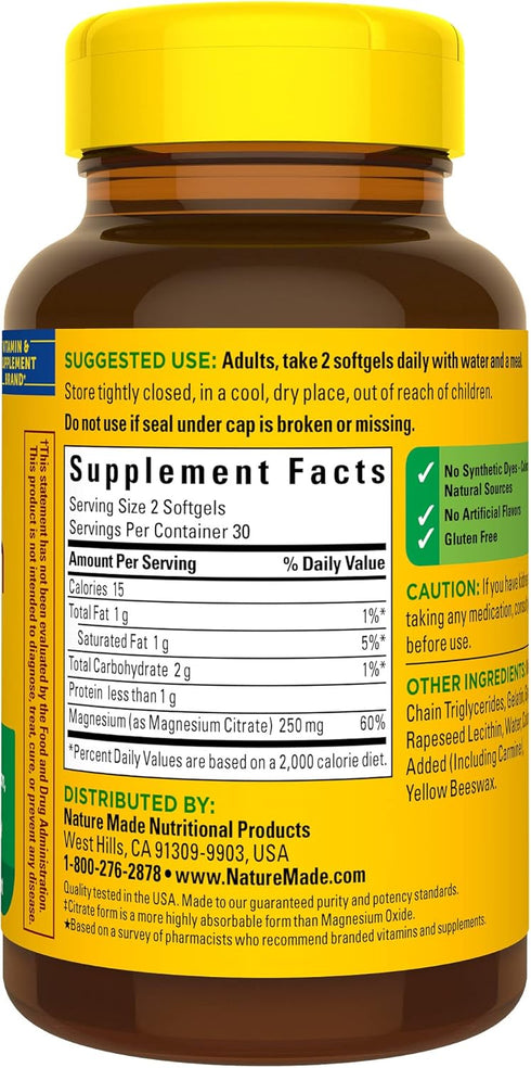 Nature Made Magnesium Citrate 250 mg, 60 Softgels, Magnesium Supplement for Muscle, Nerve, Bone and Heart Support