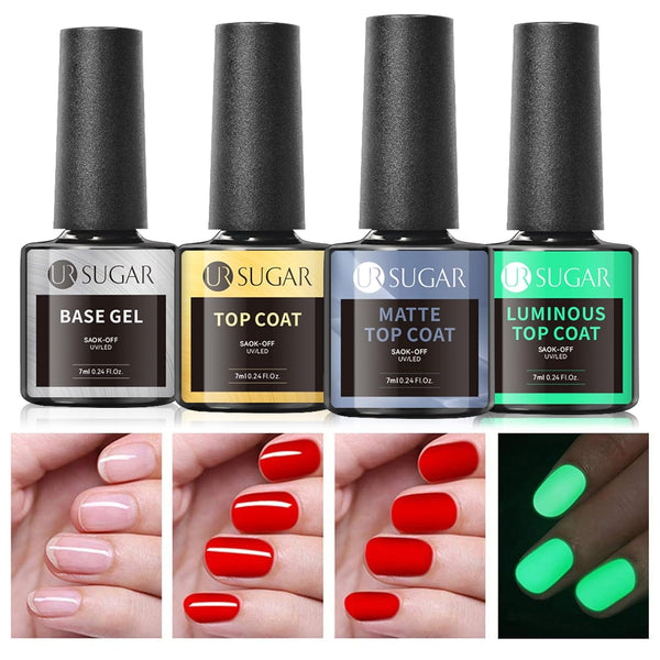 UR SUGAR No Wipe Base and Top Coat - 4 Pcs Glow in The Dark Matte Glossy Finish Gel Nail Polish Kit